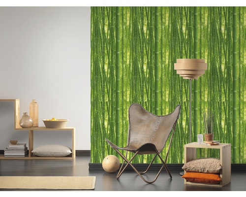 Wohnzimmer mit Bambus Tapete, Sessel und Regalen