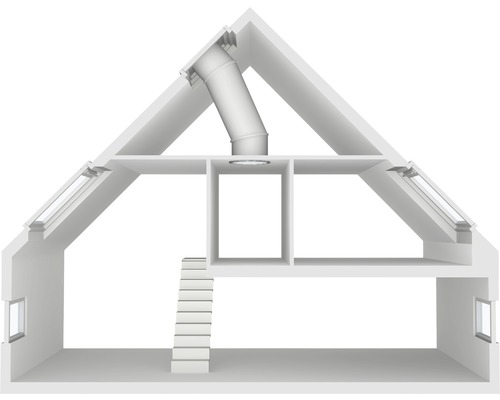 Schnittansicht eines Dachbodens mit Tageslicht-Spot, Dachfenstern und Treppe