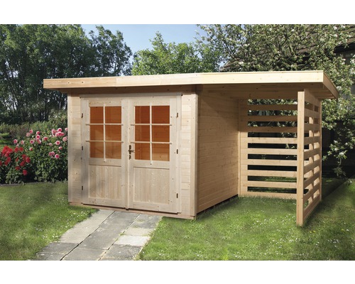 Holzgartenhaus mit Doppeltür und Anbau