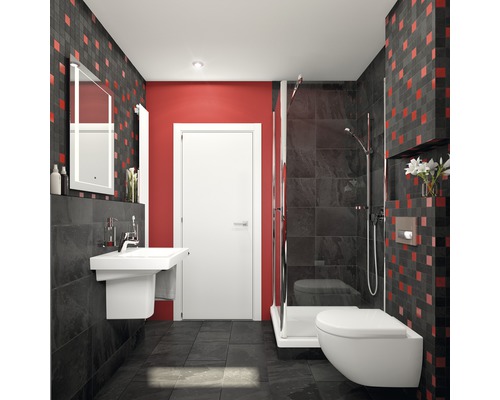 Modernes Badezimmer mit Dusche, Waschbecken und Toilette vor gemusterter Wand