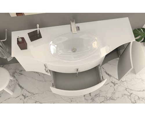 Ansicht von oben Waschbeckenunterschrank mit geöffneter Schublade im Badezimmer