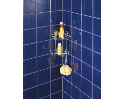 Eckregal mit zwei Ablagen für Duschutensilien im Badezimmer