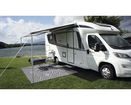 Wohnmobil mit Markise, Tisch, Stuhl und Teppich auf einer Wiese am See