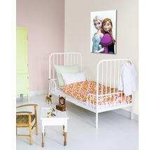 Kinderzimmer mit Bett, Tisch, Stuhl, Schrank und einem Wandbild von Anna und Elsa
