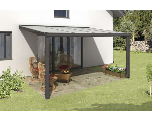 Terrassenüberdachung SKAN HOLZ Genua 434x257 cm anthrazit Terrassenüberdachung mit Sitzgruppe und Bepflanzung im Garten