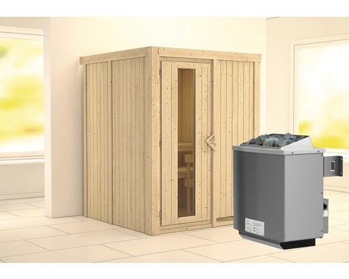 Elementsauna Karibu Norina inkl. 9 kW Ofen u.integr.Steuerung ohne Dachkranz mit Holztüre und Isolierglas wärmegedämmt