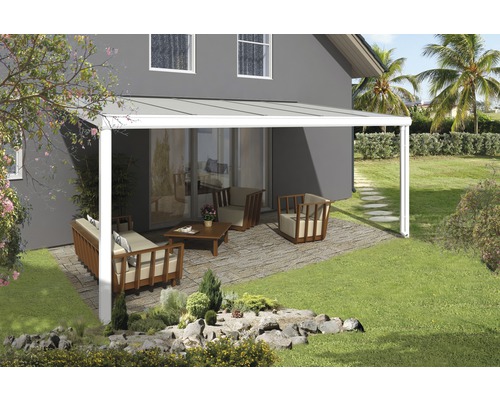Terrassenüberdachung SKAN HOLZ Genua 541x307 cm weiß Terrasse mit Überdachung und Sitzmöbeln im Garten