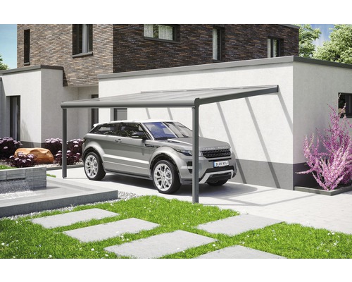 Modernes Carport aus Aluminium mit Auto vor einem Haus