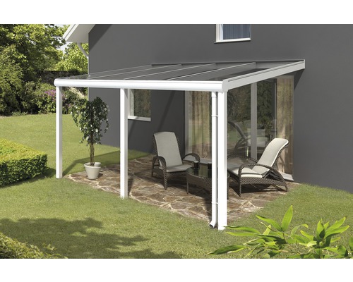 Terrassenüberdachung SKAN HOLZ Monza 434x257 cm weiß Terrassenüberdachung mit Gartenmöbeln auf der Terrasse