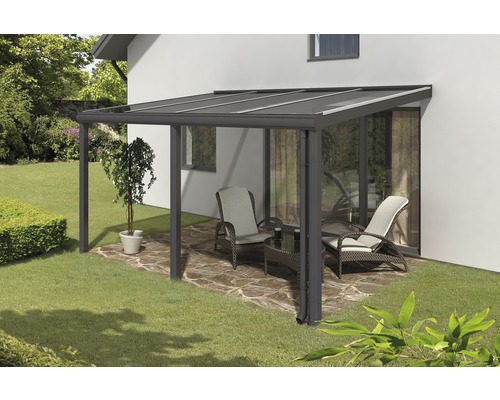 Terrassenüberdachung SKAN HOLZ Monza 434x357 cm anthrazit Terrasse mit Terrassenüberdachung, Gartenmöbeln und Bepflanzung