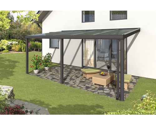 Terrassenüberdachung SKAN HOLZ Monza 541x307 cm anthrazit Terrassenüberdachung aus Aluminium mit Gartenmöbeln auf Terrasse