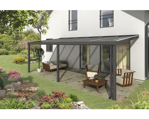 Terrassenüberdachung SKAN HOLZ Monza 648x357 cm anthrazit Terrassenüberdachung mit Gartenmöbeln auf einer Terrasse