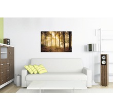Wohnzimmer mit Sofa, Tisch und Wandbild mit Waldmotiv