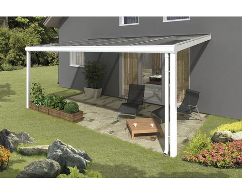 Terrassenüberdachung SKAN HOLZ Modena 541x257 cm weiß Terrasse mit Überdachung, Gartenmöbeln und Bepflanzung