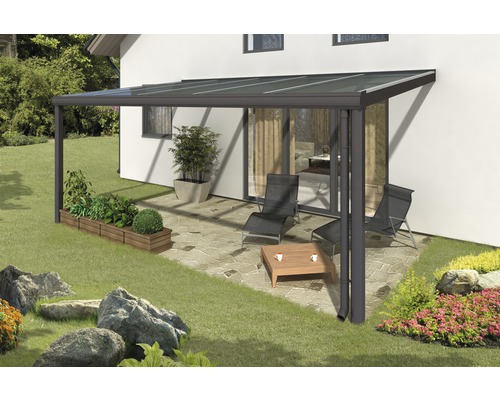 Terrassenüberdachung SKAN HOLZ Modena 541x257 cm anthrazit Terrassenüberdachung mit Gartenmöbeln auf Terrasse