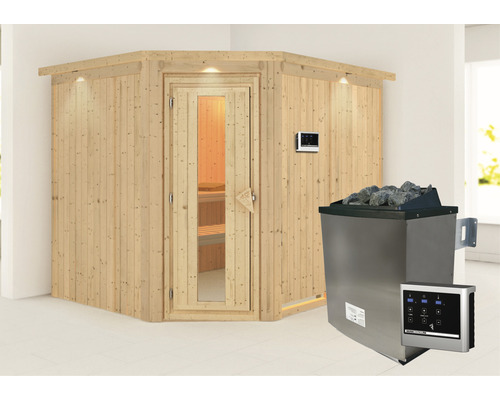 Elementsauna Karibu Malina inkl. 9 kW Ofen u.ext.Steuerung mit Dachkranz und Holztüre mit Isolierglas wärmegedämmt