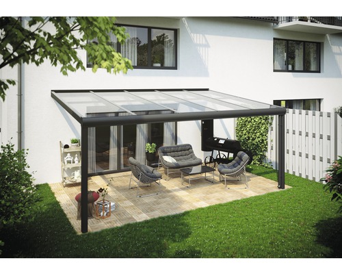 Terrassenüberdachung SKAN HOLZ Modena 541x357 cm anthrazit Terrasse mit Terrassenüberdachung, Sitzmöbeln und Grill