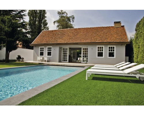 Poolhaus mit Pool, Rasenfläche und Liegestühlen