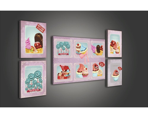 Wanddekoration mit mehrteiligem Leinwandbild mit Süßigkeitenmotiven