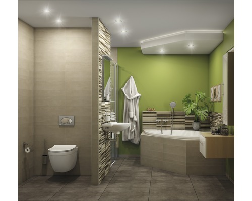 Badezimmer mit Toilette, Waschbecken, Badewanne und grüner Wand