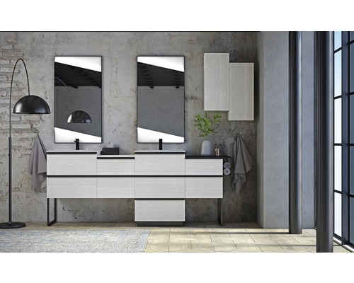 Modernes Badezimmer mit Waschtisch, Spiegeln und Hängeschränken