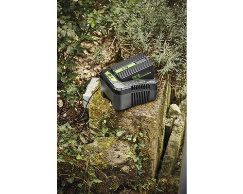 For_q Akku und Ladegerät auf einem Stein im Freien