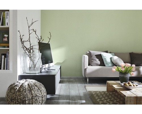 Wohnzimmer mit Couch, Tisch, Dekoration und hellgrüner Wand