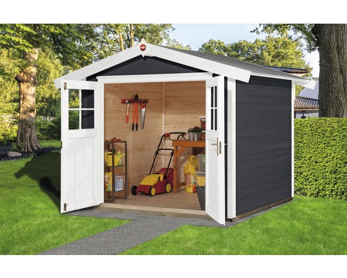 Offener Gartenholzschuppen mit Rasenmäher und Gartengeräten