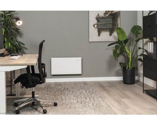 Büro mit Schreibtisch, Bürostuhl, Heizkörper, Zimmerpflanze und Dekoration für ein angenehmes Arbeitsumfeld