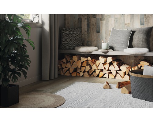 Wohnzimmer mit Kaminholz, Kissen und Zimmerpflanze im Topf