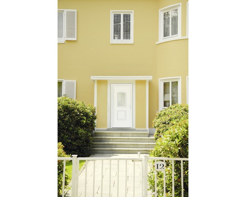 Ansicht eines Hauses mit Eingangstür, Treppe und Zaun