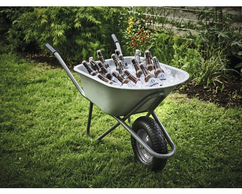 Schubkarre gefüllt mit Eis und Bierflaschen im Garten.