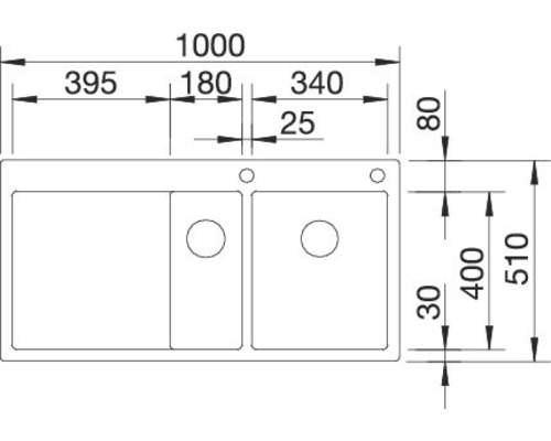 Zeichnung einer Spüle mit Maßangaben