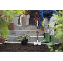 Person pflanzt Pflanze mit Spaten im Garten.