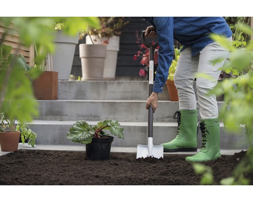 Person pflanzt Pflanze mit Spaten im Garten.