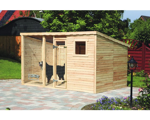 Hundezwinger promadino mit Futterschalen 333 x 226 x 192 cm natur Holz Hundehütte mit Metallgitter im Garten.