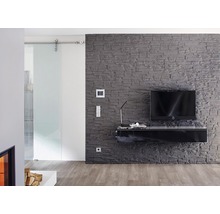 Wohnzimmer mit Schiebetür aus Glas, Steinwand und schwarzem TV-Schrank
