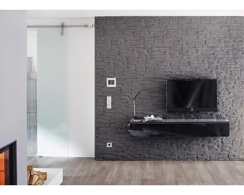 Wohnzimmer mit Schiebetür aus Glas, Steinwand und schwarzem TV-Schrank