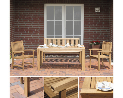 Gartenmöbelset aus Holz mit Tisch, Bank und zwei Stühlen