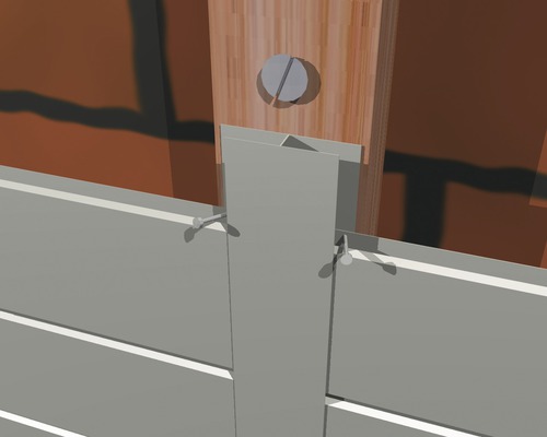 Detailansicht einer Fassadenverkleidung aus Aluminium mit Schrauben an einer Holzkonstruktion.