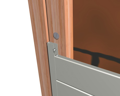 Detailansicht eines Zaunelements aus Holz und Metallbefestigung