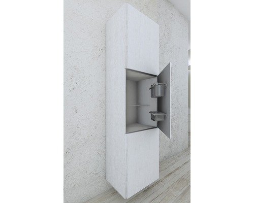 Hochschrank mit geöffneter Tür und herausziehbaren Behältern.