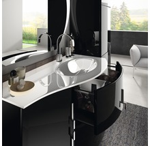 Modernes Badezimmer mit schwarzem Waschtisch, Aufsatzwaschbecken und offenem Schubladenelement