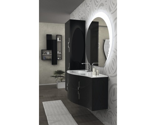 Modernes Badezimmer mit schwarzem Waschtisch, Spiegelschrank und ovalem Spiegel mit Beleuchtung
