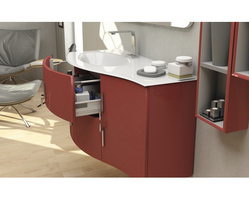 Modernes Badezimmer mit Waschtischunterschrank, Waschbecken und geöffneter Schublade