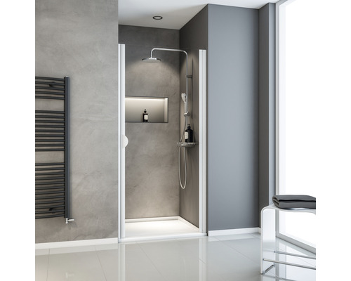 Drehtür in Nische SCHULTE Sunny ExpressPlus 90 cm Klarglas Profilfarbe aluminium Modernes Badezimmer mit Duschkabine, Handtuchwärmer und Sitzbank