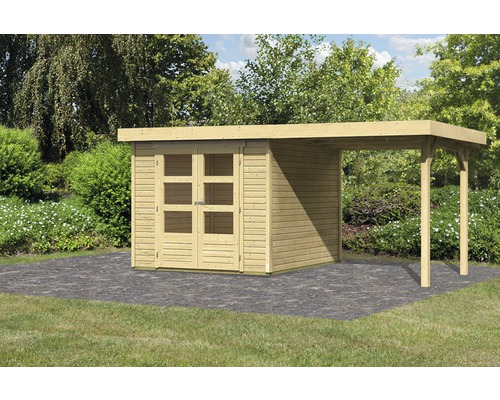 Gartenhaus Karibu Kodiak 3 mit Schleppdach 2,25 m 508 x 238 cm natur Holzgartenhaus mit Doppeltür und Carport im Garten
