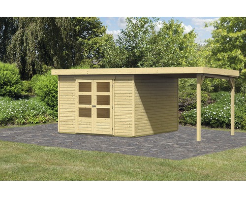 Gartenhaus Karibu Kodiak 5 mit Schleppdach 2,25 m 572 x 262 cm natur Holzgartenhaus mit Doppeltür und Unterstand