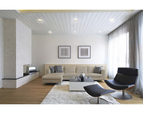 Wohnzimmer mit Sofa, Sessel, Couchtisch, Teppich und Kamin