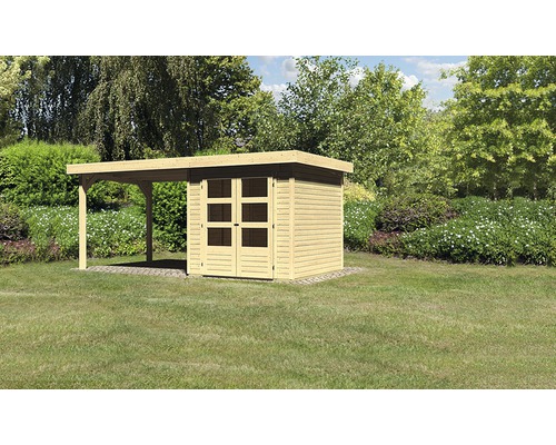Gartenhaus Karibu Kodiak 2 mit Schleppdach 2,75 m 521 x 238 cm natur Holzgartenhaus mit Vordach im Garten